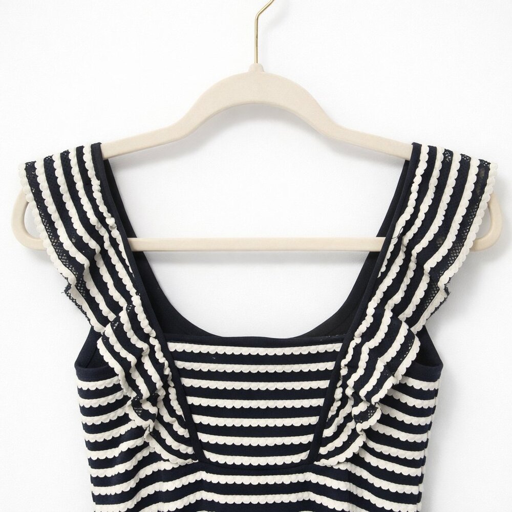 BCBGMAXAZRIA NWOT Striped Scalloped Knit Ruffle Open-Back Sheath Dress - Picture 7 of 12